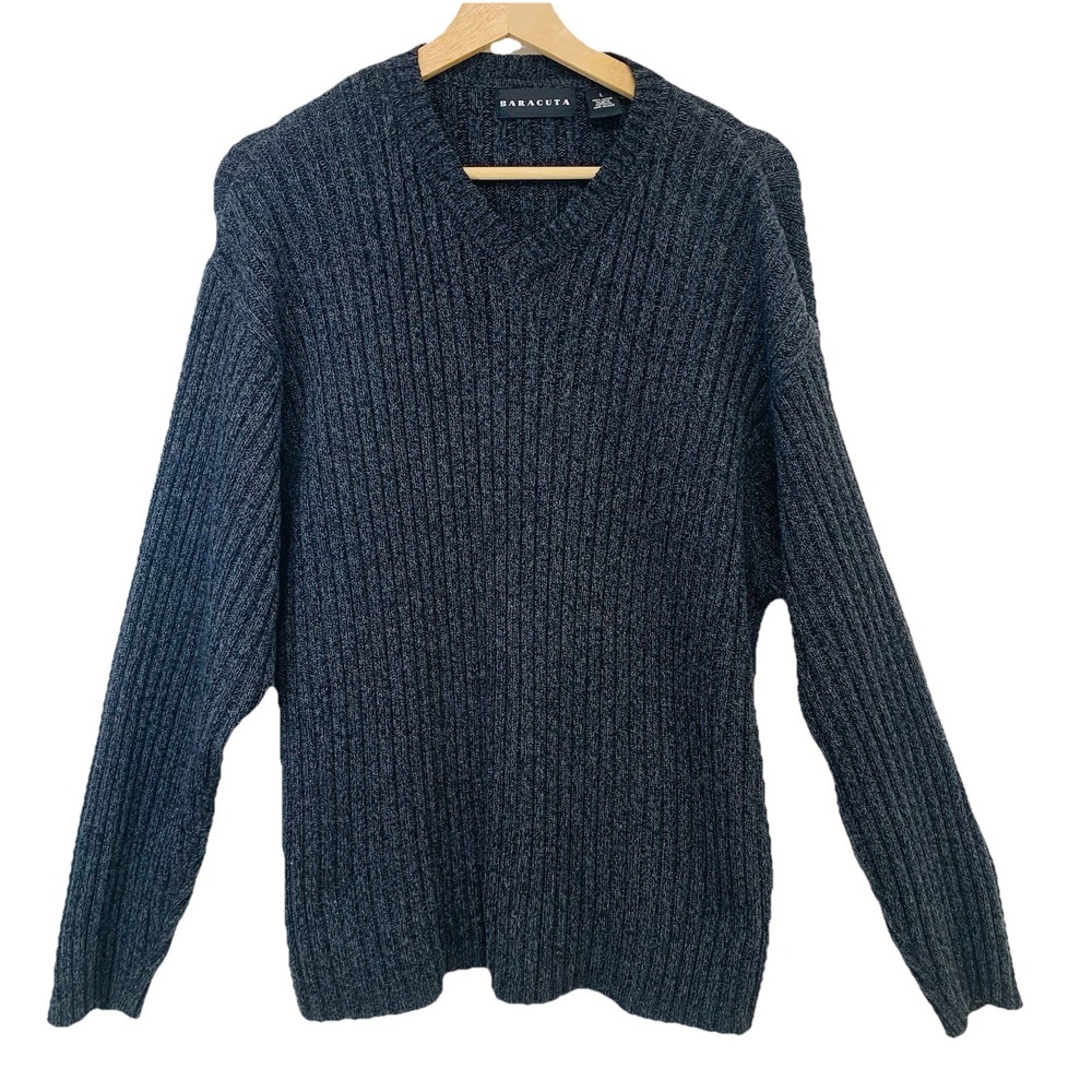 Baracuta Chunky Knit V Neck Sweater Men Large Gray 100% Cotton Thick‎ Warm